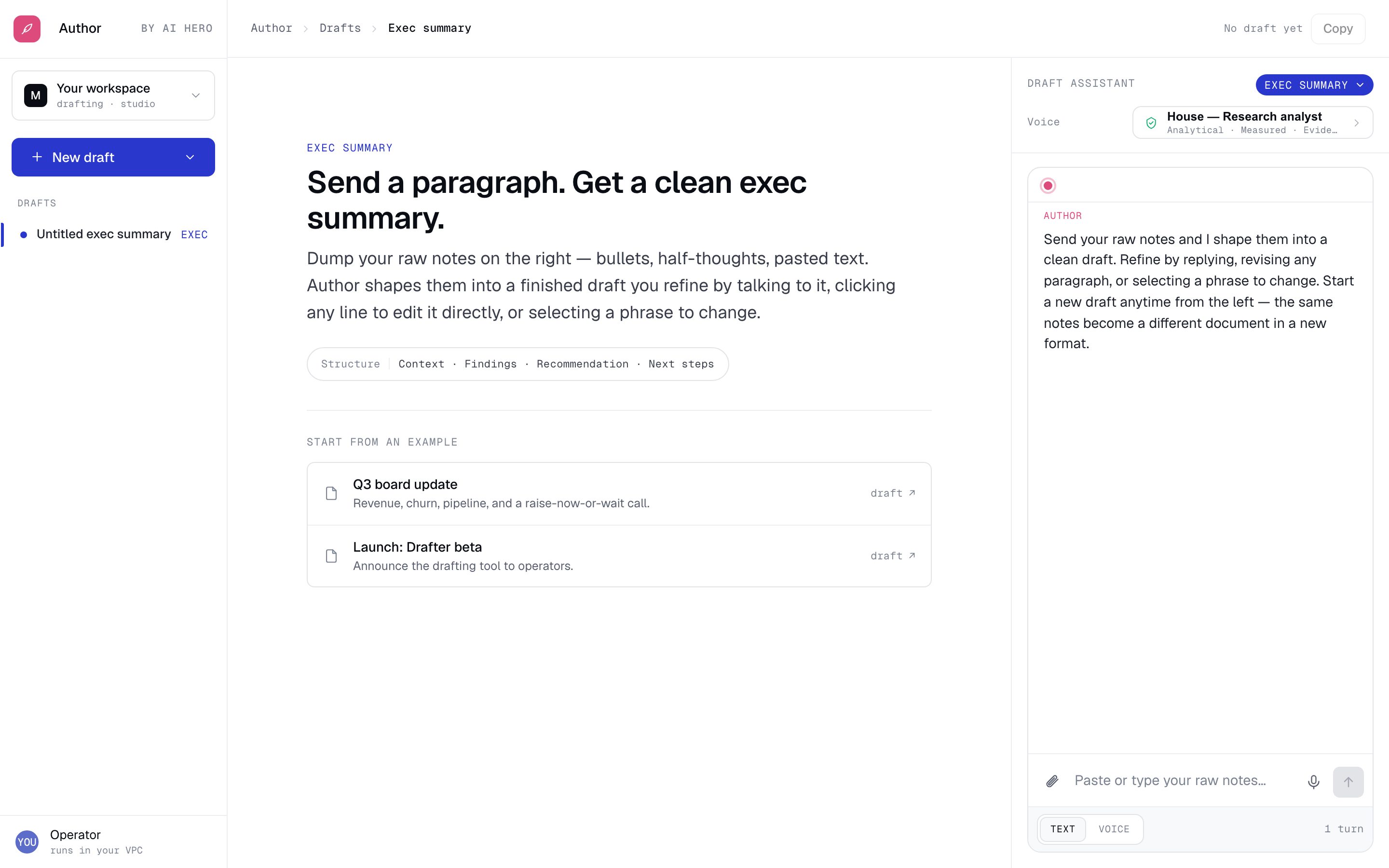 The Author prototype: a hero reading 'Send a paragraph. Get a clean exec summary,' an exec-summary structure strip, example starting points, and a right-hand Draft Assistant rail carrying a named voice profile.