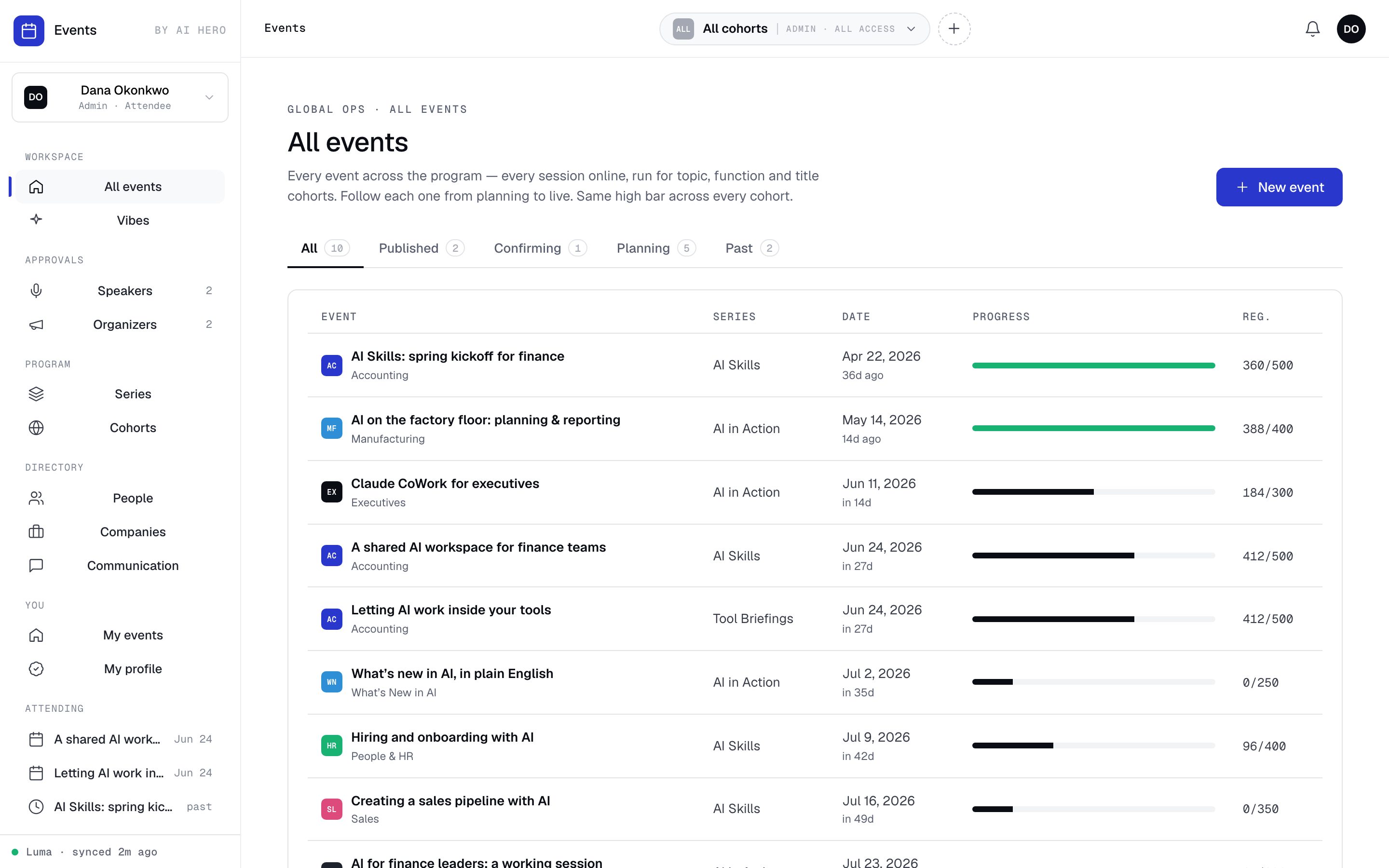 The All events view in the Autonomous Humans prototype: a program of ten sessions shown as one table with series, dates, a planning-to-live progress column, and cohort labels