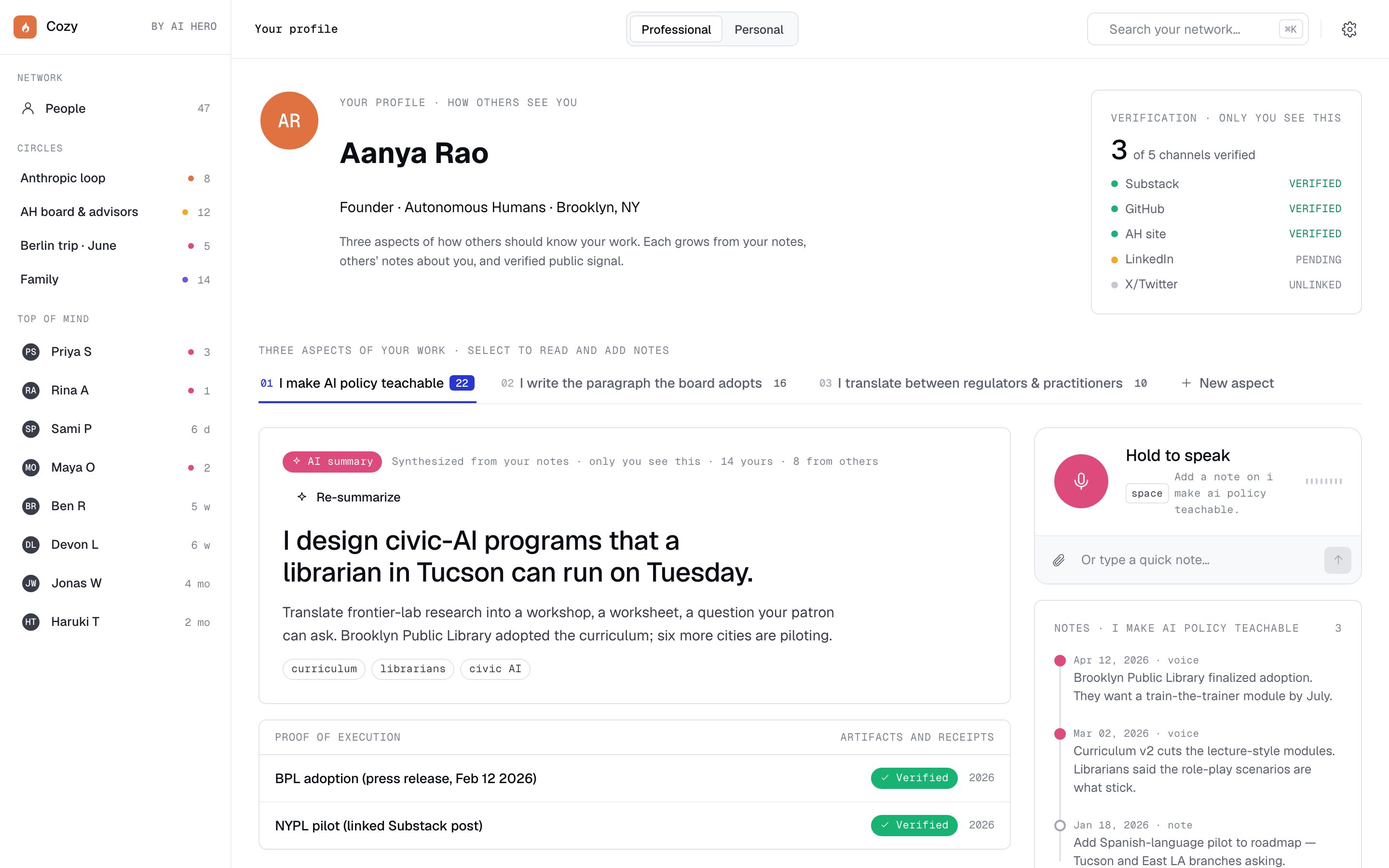 Cozy desktop — the warm, light 'Your profile' page shown inside a dark browser-window frame, with a network sidebar, a public-facing profile of work aspects, a private verification panel, and a hold-to-speak voice capture card