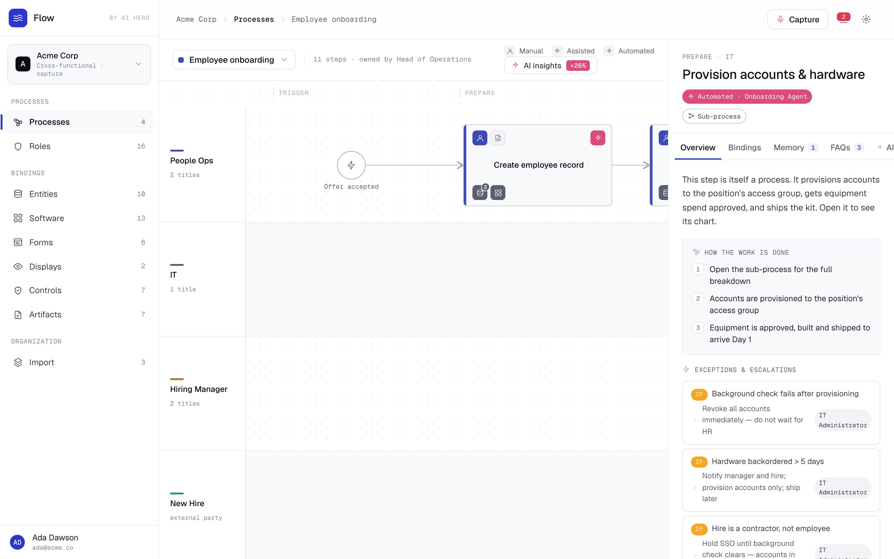 Flow — an employee-onboarding process rendered as cross-role swimlanes, with a step detail panel open on 'Provision accounts & hardware'